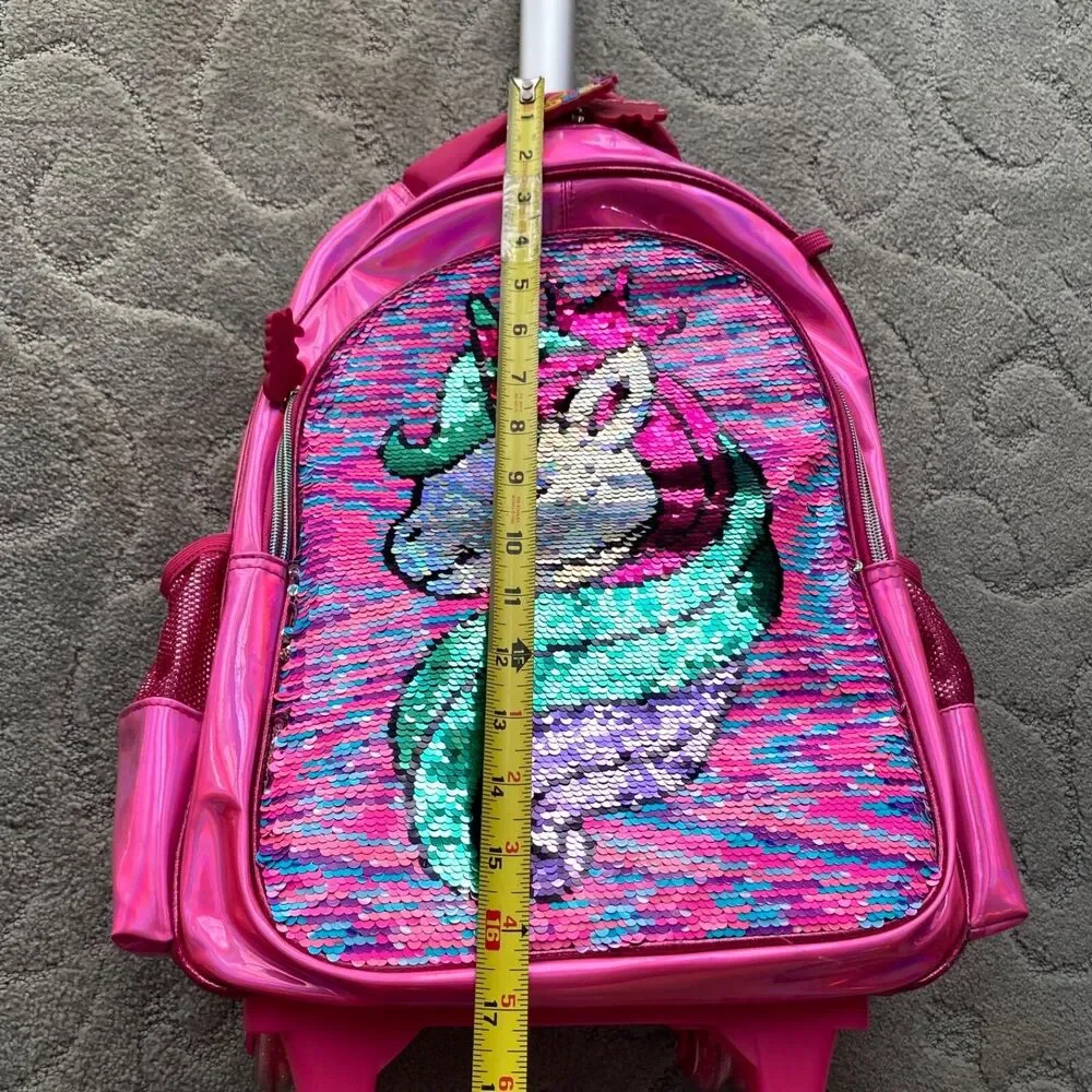 Jasminestar Rolling Backpack 17” girls unicorn flipable & lunchbox, Pencil Case